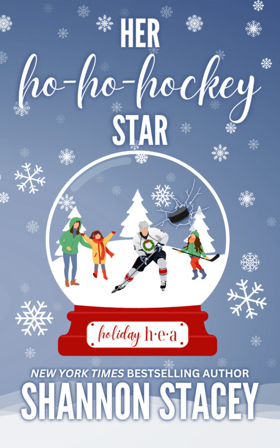 Illustrated cover: Her Ho-Ho-Hockey Star by Shannon Stacey. An illustrated scene inside of a snow globe surrounded by snowflakes. A woman and two girls in winter outwear are watching a hockey player with a Christmas wreath on his jersey hit a puck. It looks like the puck is breaking through the snow globe.
