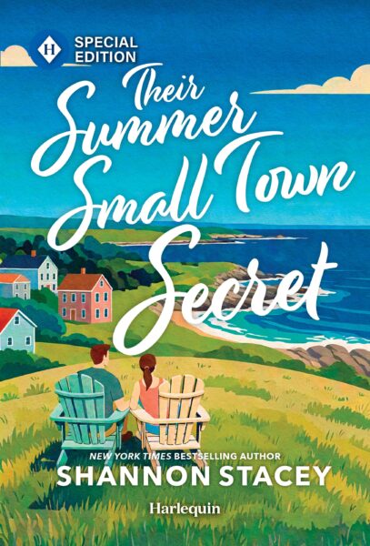 Illustrated cover showing a man and woman sitting in Adirondack chairs on a grassy hill, overlooking a small town along a rocky coastline.